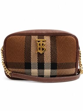 Burberry TB Monogram Camera Bag Brown Check Leather Crossbody Gold Chain Purse